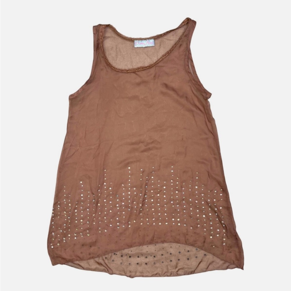 Pretty Angel Women Silk Blend Sheer Tunic Top M Rhinestones Tank Sleeveless Y2K